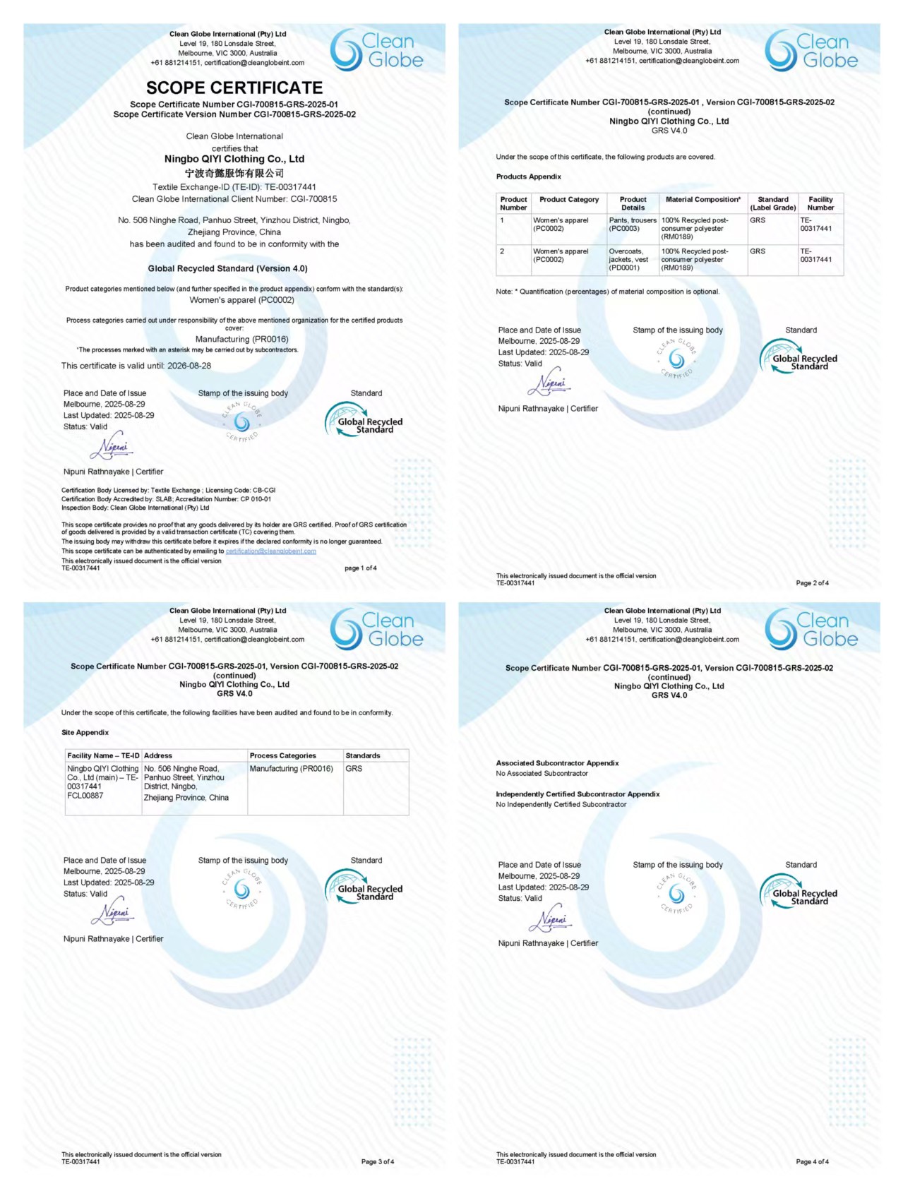Scope Certificate Number 700815 GRS-2025 ningbo qiyi clothing Scope Certificate Number 700815 GRS-2025 ningbo qiyi clothing